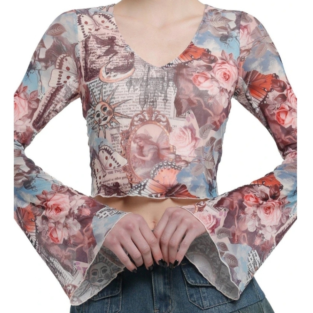 Hot Topic Butterfly Celestial Fairycore Fairy Floral Boho Bell Sleeve Sheer Top
